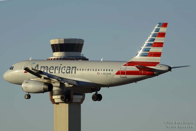 Airbus A319 (N808AW) - American Airbus A319-132 N808AW at Phoenix Sky Harbor on December 27, 2015. It first flew as D-AVWM on September 2, 1999. Its construction number is 1088. It was delivered to America West on September 30, 1999. It was transferred to US Airways on April 25, 2006 and merged into the American fleet on December 10, 2013. 