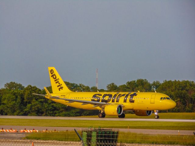 Airbus A320neo (N908NK) - This shot was taken by me on a beautiful July evening at Kansas City International Airport. This beautiful Airbus A320neo taxied by on her way to the active runway. Here, she is beginning her takeoff roll down KMCI’s runway 19L on her way to Las Vegas!