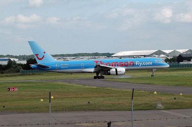 Boeing 757-200 (G-BYAJ) - B757-28A (G-BYAJ) in Thomsonfly colours (before being operated by TUI Airways) arriving CVT. (Photo 2005)