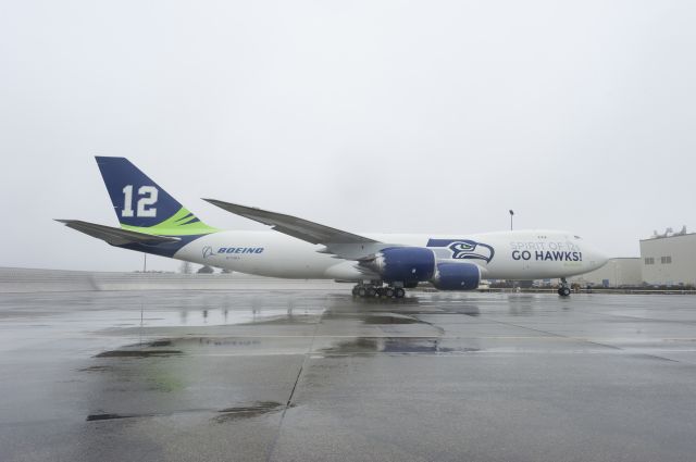 BOEING 747-8 (N770BA) - Boeing's Seattle Seahawks Special Livery on a B747-8 released in celebration of the Seahawk National Football Conference Championship and upcoming appearance in Super Bowl XLVIII. (Photo courtesy Boeing Commercial Airplanes)