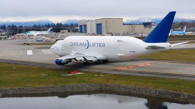 Boeing 747-200 (N718BA) - The fourth of four Boeing Dreamlifters taxis for takeoff at Paine Field on another flight to pick up parts for the 787 production line in Everett, WA.