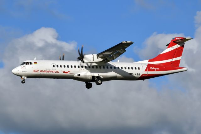 Aerospatiale ATR-72-500 (3B-NBG) - “Port Mathurin” on short final for Rwy 14 at SSRIA in the morning.