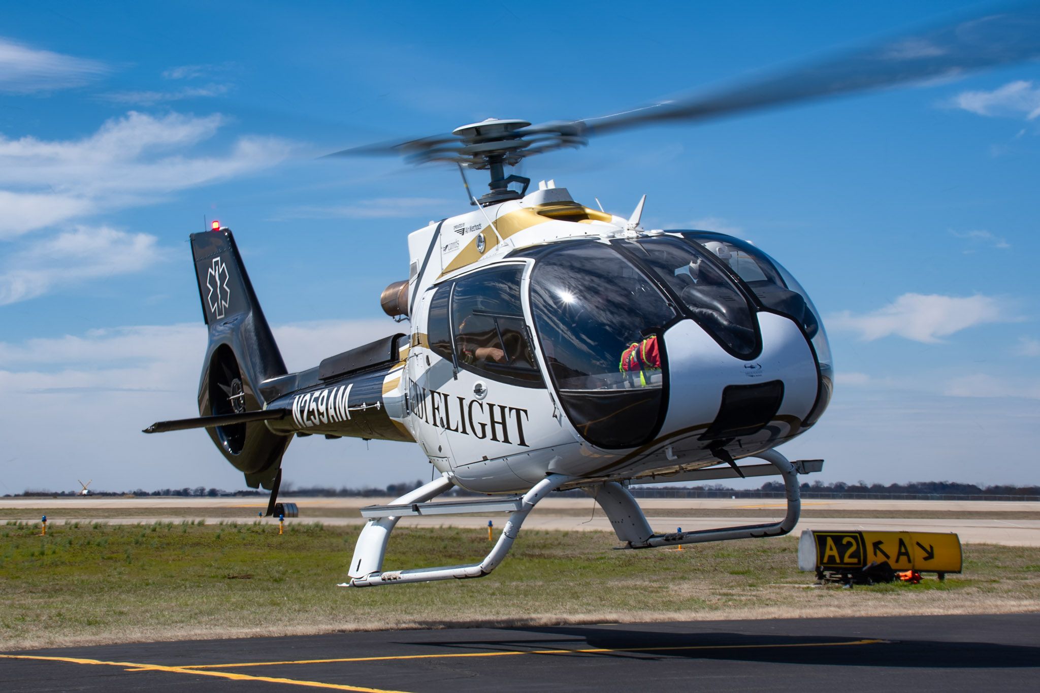 Eurocopter EC-130 (N259AM) - Mediflight departing from the 2020 Oklahoma State University Flying Aggies Fly-In.