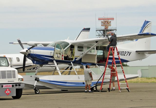 Cessna Caravan (N1027V) - Cessna Caravan with internal fuel tank being fueled at Merced Regional Airport (KMCE)for its flight to Marshall Islands Intl (Amata Kabua Intl) (PKMJ / MAJ)       Hollister Muni (KCVH)  Honolulu Intl (PHNL)    Duration   13 hours 8 minutes   Distance   Direct: 2,435 sm    Flown: 2,520 sm         Honolulu Intl (PHNL)  Marshall Islands Intl (Amata Kabua Intl) (PKMJ / MAJ)    Duration   13 hours 0 minutes   Distance   Direct: 2,282 sm    Flown: 2,289 sm       Marshall Islands Intl (Amata Kabua Intl) (PKMJ / MAJ)  Honiara Intl (AGGH / HIR)   Duration   7 hours 57 minutes   Distance   Direct: 1,378 sm