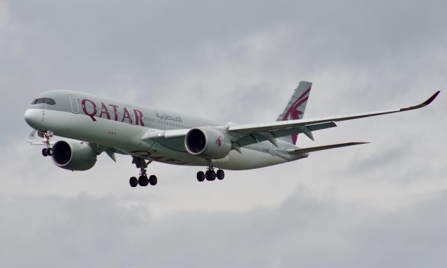 Airbus A350-900 (A7-AME) - (3/23/2020) On final for 22L: The Qatar A350-900 returns to boston unexpectidly after ~16 months of 77W service. This downguage is due to the COVID-19 pandemic and it's reduced travel demand.