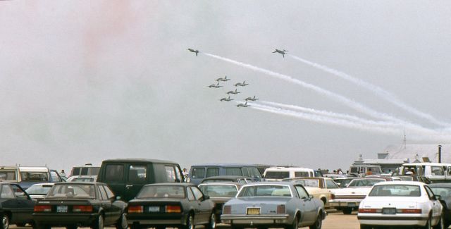 AERMACCHI MB-339 — - McGUIRE AIR FORCE BASE, WRIGHTSTOWN, NEW JERSEY, USA-AUGUST 1986: Performing at the August 1986 Open House and Air Show was the Italian Air Force Aerobatic Team "Frecce Tricolori" (Three-Colored Arrows). 