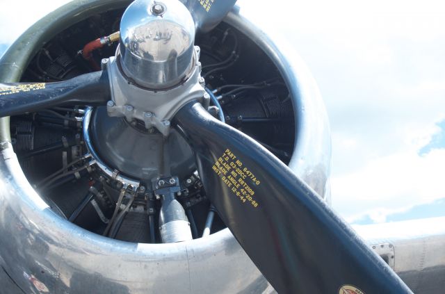 Boeing B-17 Flying Fortress (N9323Z) - A view of the engine on B17 "Sentimental Journey" when it came to town in Heber for show and flights. This is one of my favorite photos I took of a b17.