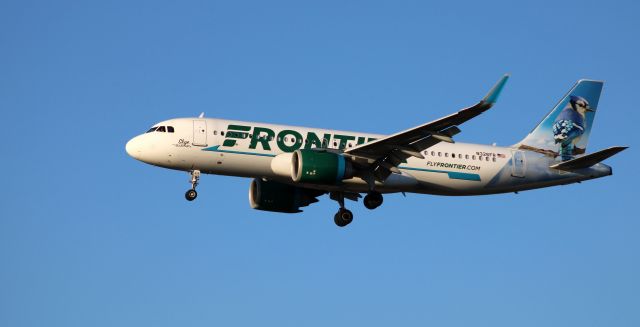 Airbus A320neo (N326FR) - On final is this 2018 Frontier Airlines Airbus A320-251N with "Skye" the BlueJay enjoying the view in the Autumn of 2020.