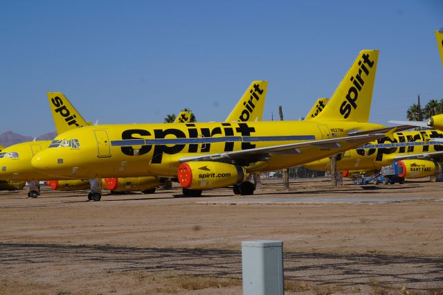 Airbus A319 (N527NK) - In short term storage at Marana, with most of the Spirit A.319 fleet.  Photographed October 28th 2020.