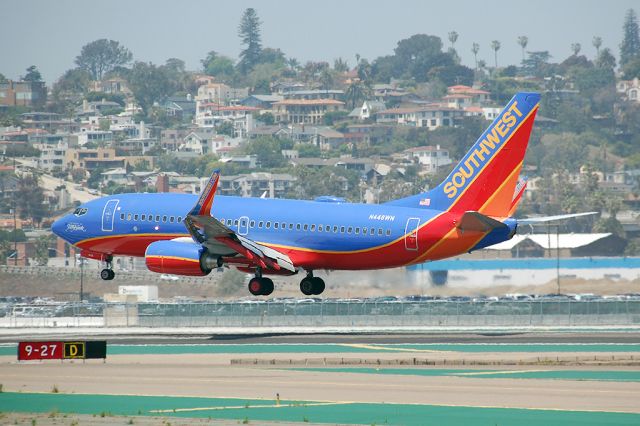 Boeing 737-700 (N448WN) - The Spirit of Kitty Hawk over the thresholds of San Diego