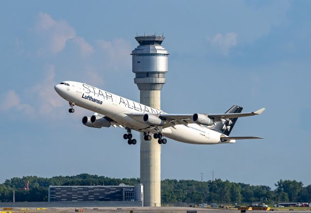 Airbus A340-300 (D-AIGN) - DLH9851 Heavy departing KCLE headed back to Frankfurt Int'l - FRA / EDDF Sunday, 13 Jul 2025, after it was diverted here on Saturday due to severe thunderstorms. 
