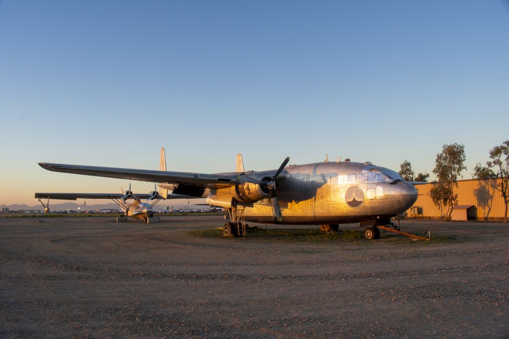 FAIRCHILD (1) Flying Boxcar (N15501) - Sunrise on the Flying Boxcar.  This Flying Boxcar was used in the 2004 movie "Flight of the Phoenix"