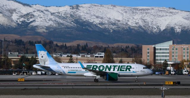 Airbus A320neo (N353FR) - FFT's "Blanco the Polar Bear" has the snow-covered Sierra Nevada for a backdrop as it taxies to a gate.