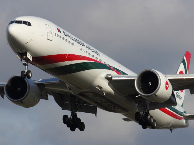 Boeing 777-200 — - Looking good in this colour scheme as a B777-300ER, belonging to Bangladesh Miman Airlines approaches runway 027L at LHR.