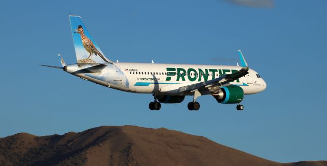 Airbus A320 (N346FR) - Meet "Al the Roadrunner," Frontier's newest wildlife tail. Unveiled less than three months ago, on Jan 5, 2019, "Al" is snapped here paying a visit to northern Nevada two days ago (on Sat., Mar 30). This was not Al's first appearance at Reno Tahoe International since being unveiled and presented to the public (he was here in February), but this IS his first appearance in FlightAware's Photo Gallery because, as unbelieveable as it seems, this is also the first photo of N346FR to be posted into the gallery.