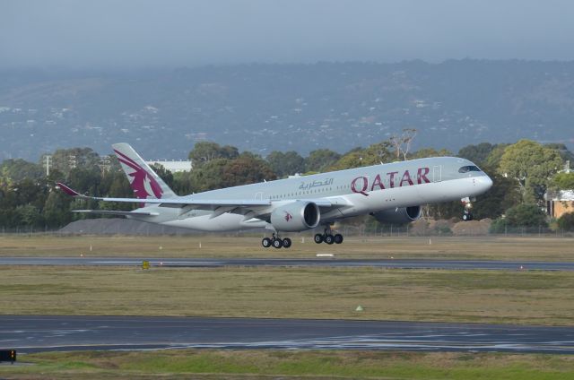 A7-ALH — - First Qatar Airways service to Adelaide, first A350 to Adelaide, all on a wet and windy afternoon, clearing somewhat just in time for this.  Tuesday 3/5/16
