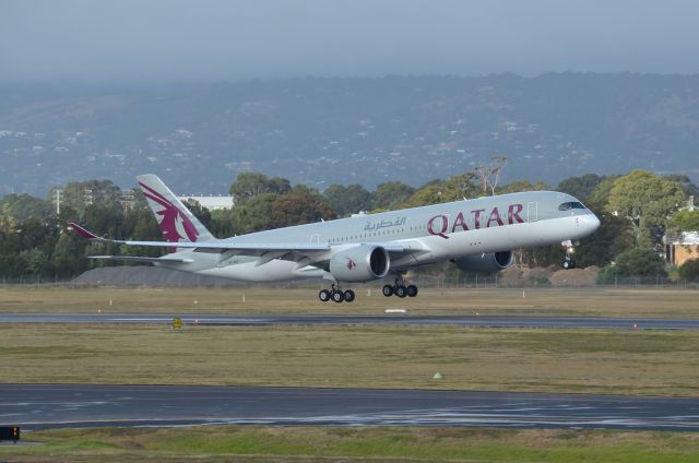 A7-ALH — - First Qatar Airways service to Adelaide, first A350 to Adelaide, all on a wet and windy afternoon, clearing somewhat just in time for this.  Tuesday 3/5/16