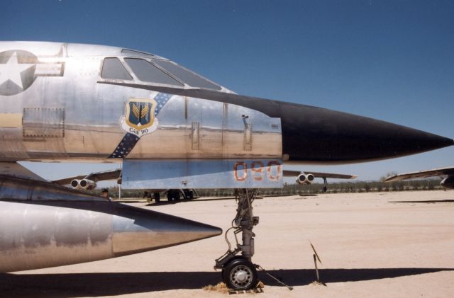 — — - Convair B-58 Hustler.  Id really like to see just how the nose gear retracts past the huge bomb/fuel pod that sticks forward below the nose gear well. 