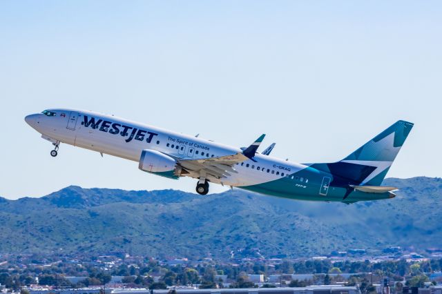 Boeing 737 MAX 8 (C-GRAG) - A WestJet 737 MAX 8 taking off from PHX on 2/16/23. Taken with a Canon R7 and Tamron 70-200 G2 lens.
