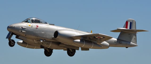 GLOSTER Meteor (VH-MBX) - Built in 1949 in the UK by Gloster and is the only Gloster Meteor F.8 flying in the world.br /This Meteor was originally flew with the RAF with serial no. VZ467 until 1982. After being retired from the RAF the Meteor was privately owned and operated in the UK.br /Later being purchased by the Temora Aviation Museum and transported to Australia she was given the registration VH-MBX and re-took to the skies in 2001.br /Since being re-painted the aircraft carries the markings of a Korean War era Meteor operated by RAAF 77 Squadron and flown by Sgt. George Hale. br /br /br /<a href="a rel=nofollow href=http://www.aviationmuseum.com.au/aircraft_colection/meteor/index.html&quothttp://www.aviationmuseum.com.au/aircraft_colection/meteor/index.html"/a; rel="nofollow">a rel=nofollow href=http://www.aviationmuseum.com.au/aircraft_colection/meteor/index...</a&gtwww.aviationmuseum.com.au/aircraft_colection/meteor/index...</a>/a;