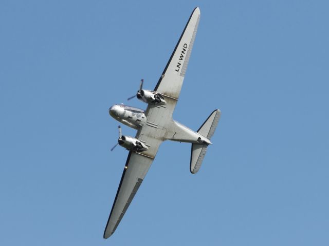 LN-WND — - Flypast of the Dakota DC-3 at the Duxford Air Museum.