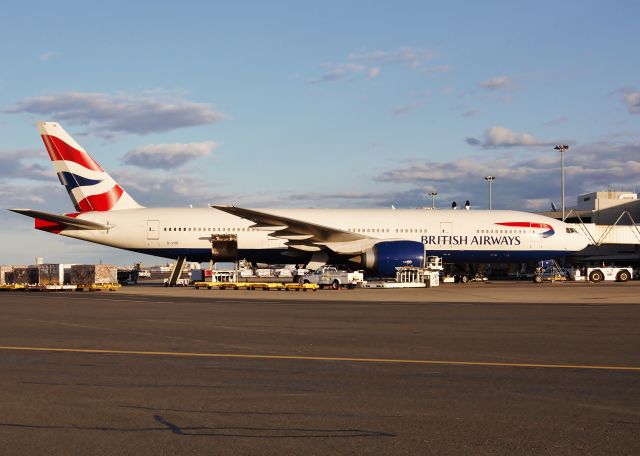 Boeing 777-200 (G-VIIS) - The golden hour on G-VIIS @ KBOS Logan !