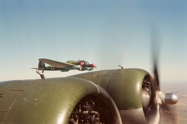 N72615 — - Casa (Spanish) version of WWII German He-111 medium bomber, as seen from Boeing B-17G. This last flying example of an He-111 was lost July 10, 2003 in Cheyenne, WY. http://www.ntsb.gov/ntsb/brief.asp?ev_id=20030714X01087&key=1