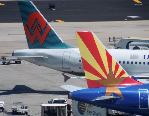 Airbus A319 (N826AW) - The US Airways Arizona and America West heritage liveries at the gate at Sky Harbor.