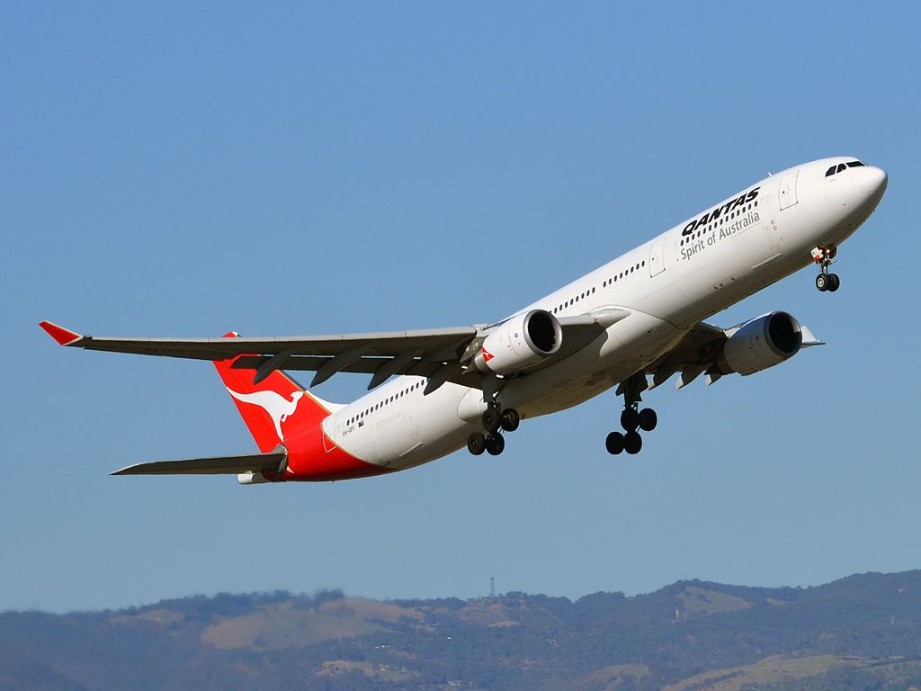 Airbus A330-300 (VH-QPI) - Getting airborne off runway 23, for flight to Singapore. Thursday 12th April 2012.