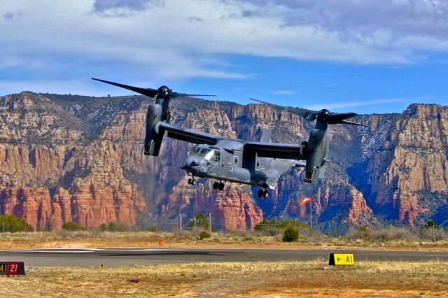 — — - CV-22 Osprey on end of Runway 21 while landing at Sedona Airport on March 2, 2010 on a training mission. Osprey is from Kirtland Air Force Base in NM