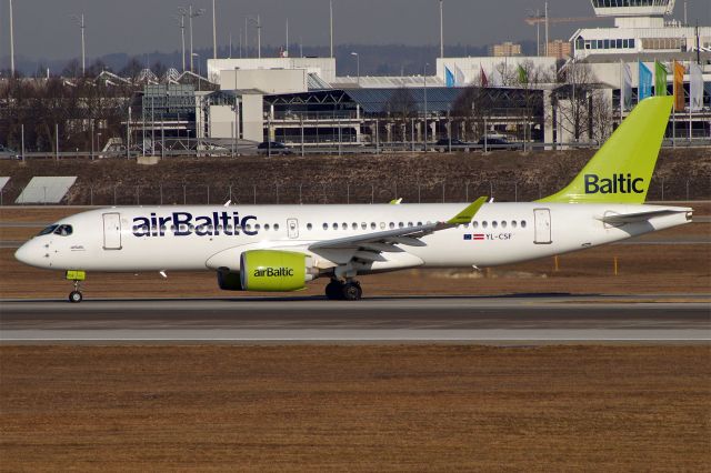 YL-CSF — - Airbus A220-300, Air Baltic, YL-CSF, EDDM Airport München Franz Josef Strauss, 19. Febr. 2019