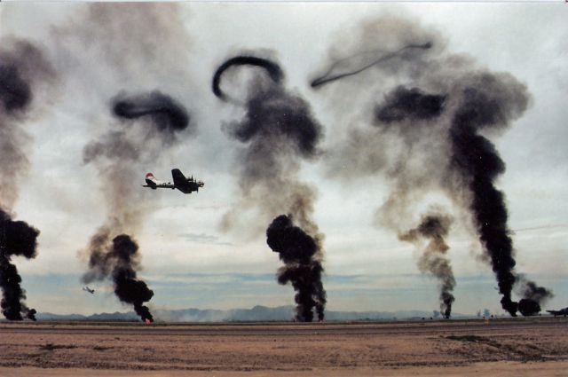 Boeing B-17 Flying Fortress (N207EV) - Boeing B-17G, s/n 44-83735, owned by Evergreen Aviation, performing at WWII Airshow Wings of Victory in Goodyear, Arizona, March 18, 1995. Aircraft is now non-flying at Evergreen Museum, McMinnville, OR, http://www.sprucegoose.org/aircraft_artifacts/planes_ccb.html#bonbers