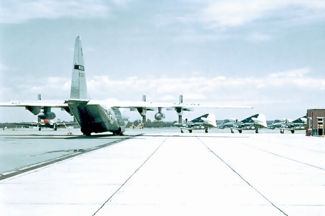 Lockheed C-130 Hercules (65-0985) - Lockheed JCH-130H 65-0985 YPEA. In background the AB C-47 and visiting DH Sea Vixen FAW2 NAS 893, November 1966.