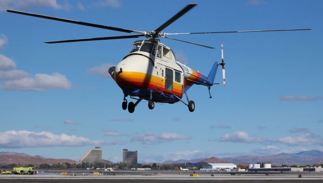 Sikorsky HRS (N17756) - N17756, a Sikorsky S-55QT WhisperJet, is about to touch down in front of my spotting location on the west side of Reno Tahoe International.  (* Note: This helicopter also displays an Australian registration number ... P2-HBZ.)  (ADDED NOTE:  Gregg Lucas has advised me {see below} that the reg P2-HBZ is a New Guinean reg.  Thank you, Gregg, and I apologize for my error.)