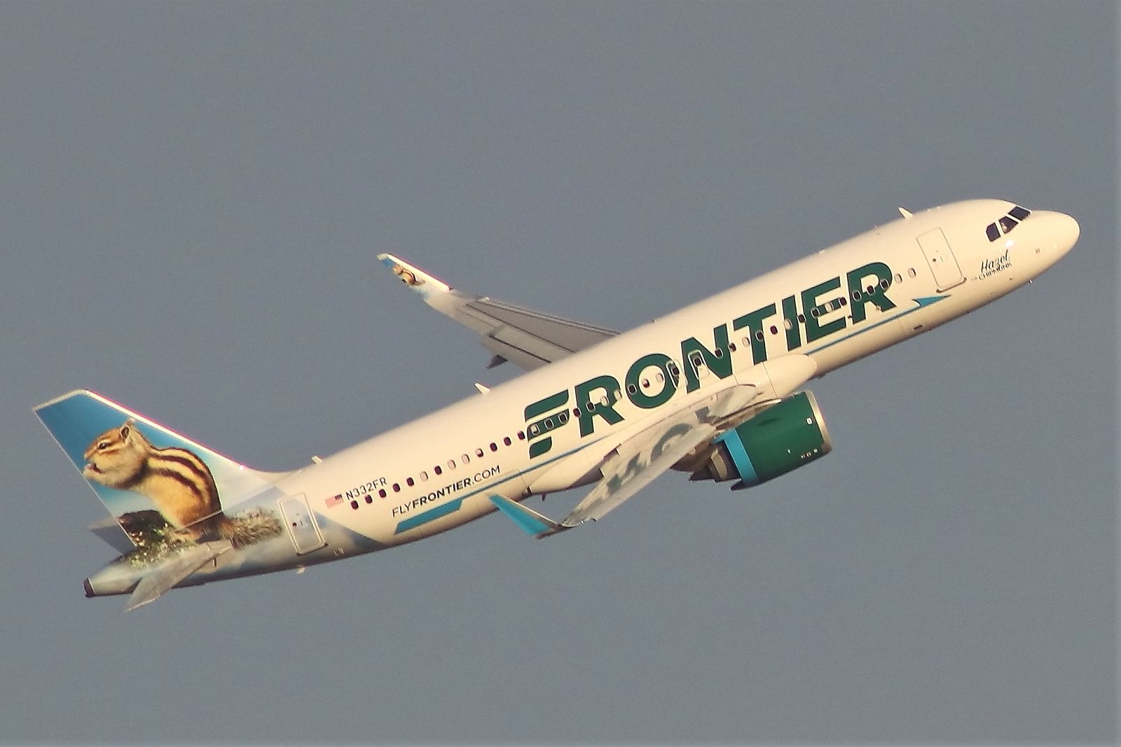 Airbus A320neo (N332FR) - Hazel the Chipmunk departs at the end of the day on February 4, 2020