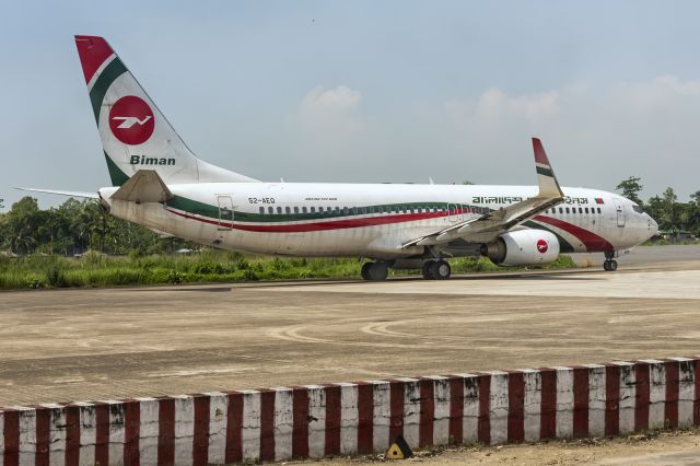 Boeing 737-800 (S2-AEQ) - 16th Oct., 2020: Taxiing out to runway 35 at Palongky (British colonial name: Cox's Bazaar) for departure to Dhaka's Zia International Airport. Despite keeping most of their fleet grounded due to COVID-19, this state operated airline still seems to have no time to clean the few aircraft they do operate! (See http://www.planexplorer.net/Xploregallery/displayimage.php?pid=1720 )