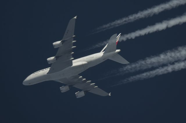 Airbus A380-800 (F-HPJA) - 9/2/2016 Air France Airbus A380 F-HPJA Passes overhead Lancashire,England, UK at 36,000ft working route CDG-LAX AFR66.br /Photo taken from the ground using telescope and Pentax K-5 DSLR.