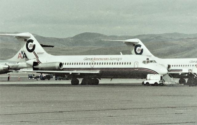 Douglas DC-9-10 (N1068T) - KRNO - 2 of 4 Great American Airways DC-9s on the ramp this day at Reno, and if my memory serves correctly, this was after Great American ceased operations as all 4 DC-9s were parked here this photo op. I'm still looking for those negatives.