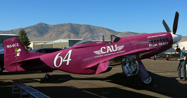 North American P-51 Mustang (N64CL) - North American F-51D Mustang (N64CL, ex USAAF 44-74423)br /"Plum Crazy" (Race 64)br /Co-owned by Vicky Benzingbr /............................br /Flown by Clay Lacy in the very first year of the Reno Air Races, held in 1964 at the Sky Ranch in Reno.br /Lacy finished 3rd in 1964. But in 1970, Clay Lacy, flying this same F-51D Mustang, won the Gold Medal.