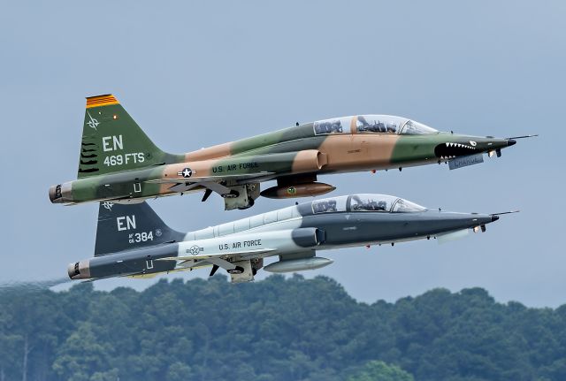 Northrop T-38 Talon (66-4343) - TORO01 and TORO02, a pair of USAF Northrop T-38C Talons, reg. 66-4343 and 66-4384, departing Seymour Johnson AFB, North Carolina Monday morning, 5 May 2025, after the Wings Over Wayne Air Show this past weekend. 6343 is in the heritage Southeast Asia camouflage livery while 4384 is in the Euro-NATO markings. Both aircraft are assigned to the 469th Flying Training Squadron, 'Fighting Bulls', 80th Flying Training Wing, Sheppard Air Force Base, Wichita Falls, Texas.
