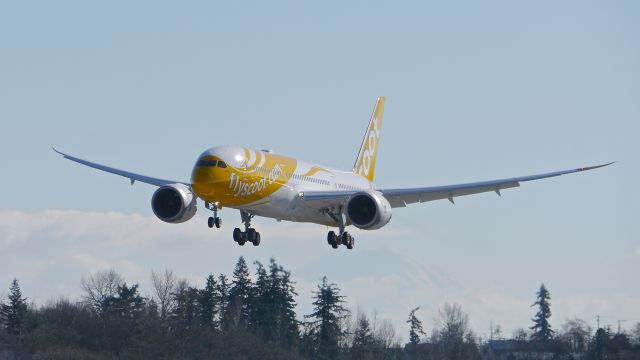 Boeing 787-9 Dreamliner (9V-OJB) - BOE128 on final to Rwy 34L to complete its B1 flight on 2/21/15. (ln 272 / cn 37113). This is the second Dreamliner for Scoot. The aircraft is named "Barry".