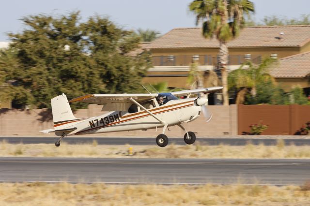 Cessna 175 Skylark (N7439M) - Landing on the 1100' dirt strip north of the asphalt runway at Pegasus Airpark in Queen Creek, AZ 