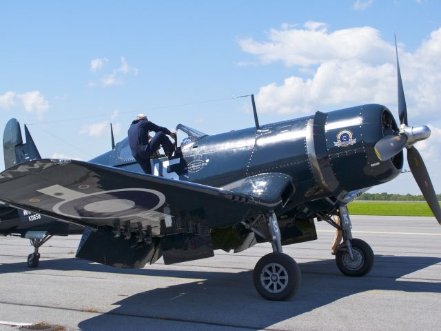 VOUGHT-SIKORSKY V-166 Corsair (C-GVWC) - Goodyear FG-1D Corsair painted in the colours of Victoria Cross recipient Canadian Lt Robert Hampton Gray prepares for flight during a visit by it and other aircraft operated by Vintage Wings of Canada to Kingston, Ontario in late August 2011