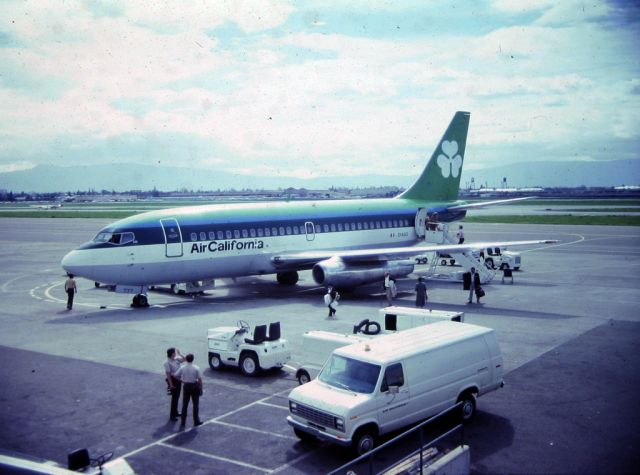 Boeing 737-200 (EI-ASG) - Air California leased this Aer Lingus jet for about a year - photo from the old OBS deck - late 1970s early 1980s photo. 35mm slide conversion to Digital.