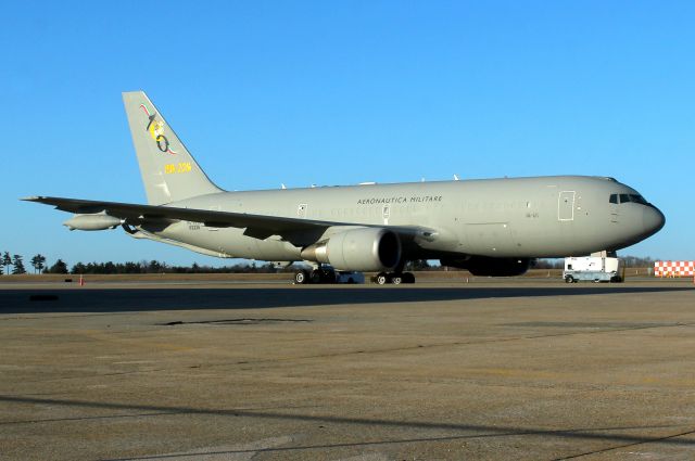 BOEING 767-200 (M62226) - Fueling tanker for 4 Italian Eurofighter typhoons stopping at Pease before returning home. Special tail art commemorating the 100th Anniversary of the 8º Gruppo (8th Squadron) of the 14º Stormo (14th Wing), based at Pratica di Mare Air Base, Pomezia, Lazio, Italy.