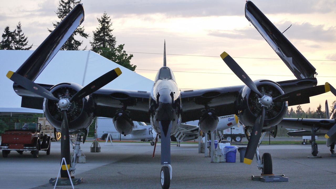 N6178C — - Historic Flight Foundations Grumman F7F-3 Bad Kitty (Ser#80483) is seen parked at sundown on 5/18/12.