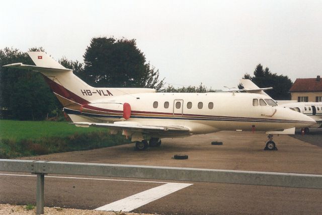 Hawker 800 (HB-VLA) - Seen here on 4-Sep-96.br /br /Exported to USA 6-Jan-97 as N703TS.br /Damaged beyond repair 7-Mar-05 at KTEB.br /Reregistered N703JN 16-Dec-05.br /Registration cancelled 18-Jun-10.br /Broken up at KFLL.