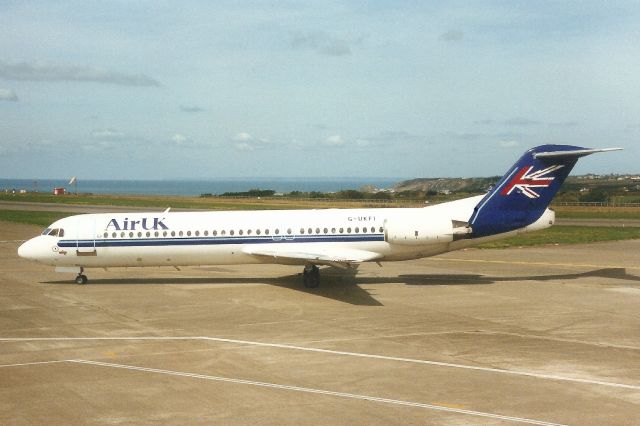 Fokker 100 (G-UKFI) - Taxiing to the terminal on 31-Aug-96.br /br /Reregistered PH-OFI 3-Sep-03 for KLM Cityhopper.br /Registration cancelled 23-Feb-11. Broken up at EHWO.