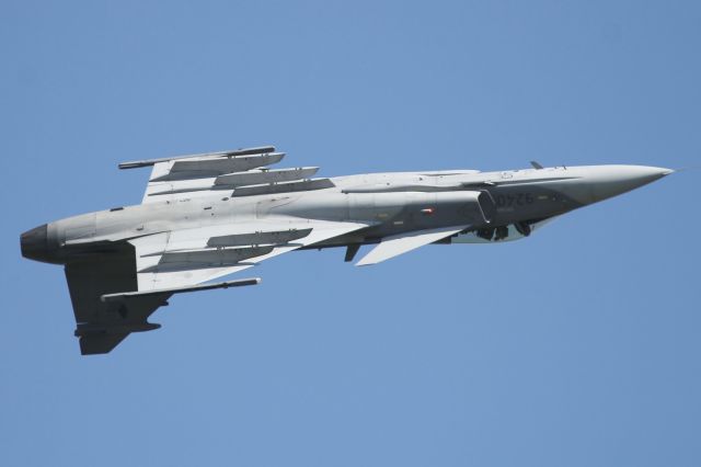 Piper Navajo (N9240) - SAAB's latest Fighter the "Gripen", performs an inverted flypast at RAF Waddington.