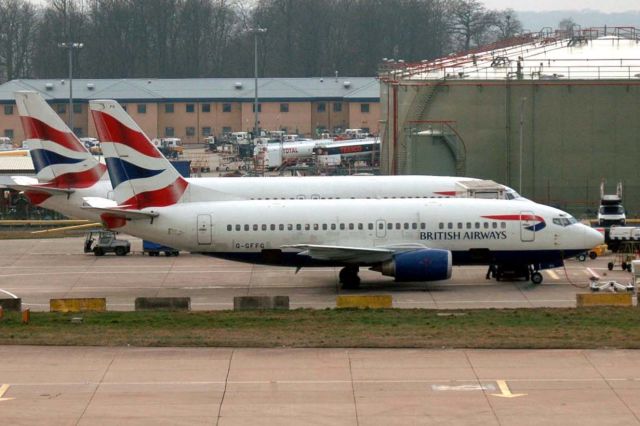 Boeing 737-500 (G-GFFG) - British Airways B737-505 (G-GFFG) at LGW. Photo taken from London Gatwick North Terminal Jan 2005.